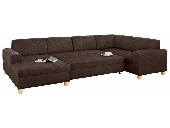 Wohnlandschaft HOME AFFAIRE Corby U-Form , braun, B:333cm H:80cm T:199cm, Struktur fein (100% Polyester), Chenille (100% Polyester), NaturLEDER (echtes Rindsleder) auf Sitzfläche, Kunstleder im Korpus, Melrose (100% Polyester), Sofas, wahlweise mit Bettfunktion, Steppung auf Sitzfläche von Home-affaire