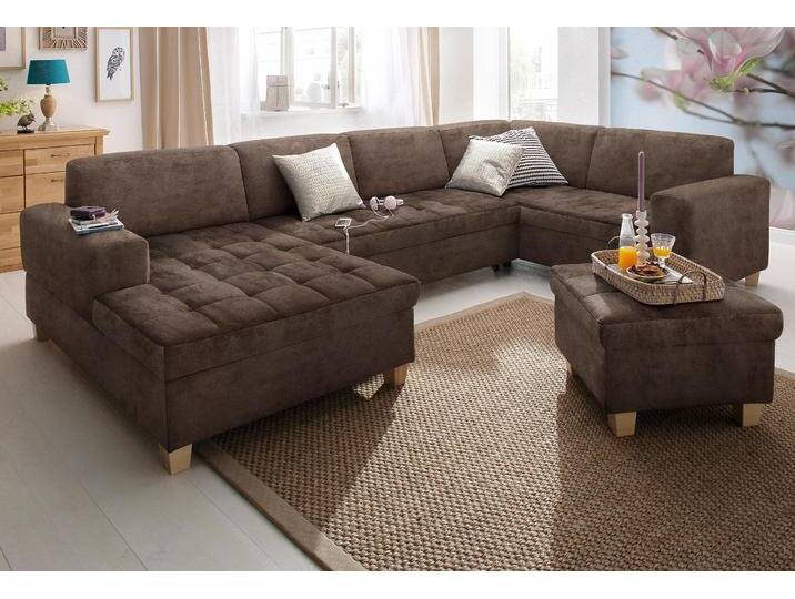 Wohnlandschaft HOME AFFAIRE Corby U-Form , braun, B:333cm H:80cm T:199cm, Struktur fein (100% Polyester), Chenille (100% Polyester), NaturLEDER (echtes Rindsleder) auf Sitzfläche, Kunstleder im Korpus, Melrose (100% Polyester), Sofas, wahlweise mit Bettfunktion, Steppung auf Sitzfläche von Home-affaire