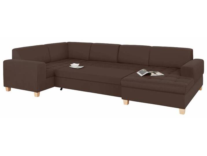Wohnlandschaft HOME AFFAIRE Corby U-Form , braun (dunkelbraun), B:333cm H:80cm T:199cm, Struktur fein (100% Polyester), Chenille (100% Polyester), NaturLEDER (echtes Rindsleder) auf Sitzfläche, Kunstleder im Korpus, Melrose (100% Polyester), Sofas, wahlweise mit Bettfunktion, Steppung auf Sitzfläche von Home-affaire