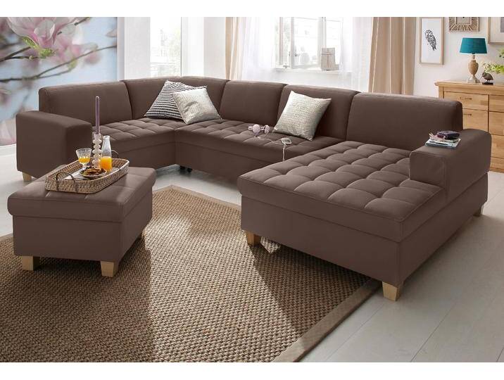 Wohnlandschaft HOME AFFAIRE Corby, viel Platz und Komfort, U-Form , braun (dunkelbraun), B:333cm H:80cm T:199cm, Struktur fein (100% Polyester);Chenille (100% Polyester);NaturLEDER (echtes Rindsleder) auf Sitzfläche, Kunstleder im Korpus;Melrose (100% Polyester), Sofas, wahlweise mit Bettfunktion, Steppung auf Sitzfläche von Home-affaire