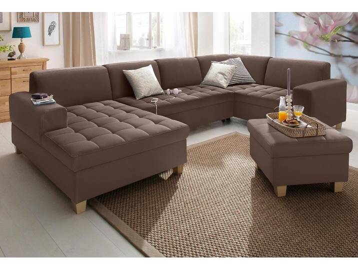 Wohnlandschaft HOME AFFAIRE Corby, viel Platz und Komfort, U-Form , braun (dunkelbraun), B:333cm H:80cm T:199cm, Struktur fein (100% Polyester);Chenille (100% Polyester);NaturLEDER (echtes Rindsleder) auf Sitzfläche, Kunstleder im Korpus;Melrose (100% Polyester), Sofas, wahlweise mit Bettfunktion, Steppung auf Sitzfläche von Home-affaire