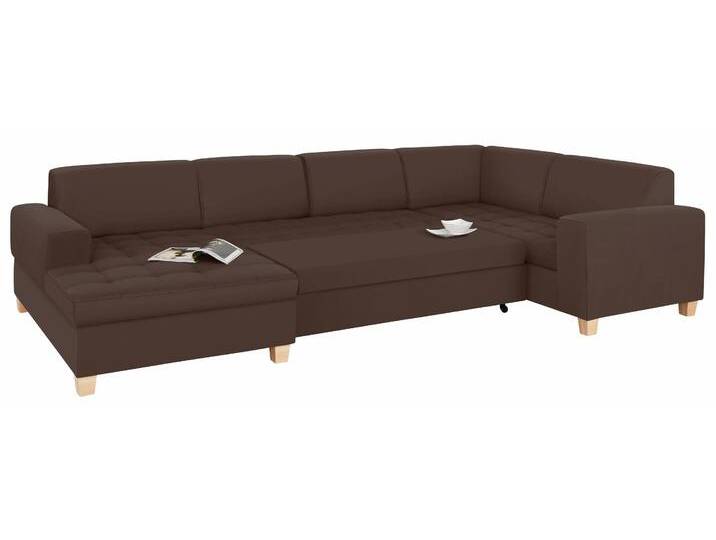 Wohnlandschaft HOME AFFAIRE Corby, viel Platz und Komfort, U-Form , braun (dunkelbraun), B:333cm H:80cm T:199cm, Struktur fein (100% Polyester);Chenille (100% Polyester);NaturLEDER (echtes Rindsleder) auf Sitzfläche, Kunstleder im Korpus;Melrose (100% Polyester), Sofas, wahlweise mit Bettfunktion, Steppung auf Sitzfläche von Home-affaire
