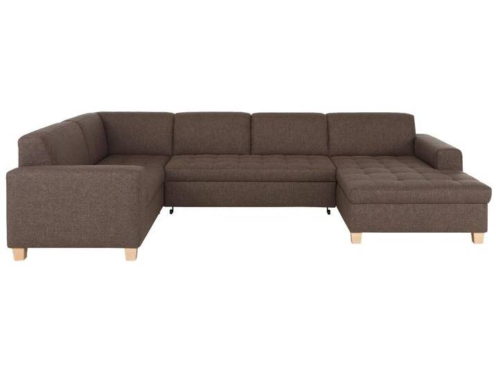 Wohnlandschaft HOME AFFAIRE Corby U-Form , braun (mittelbraun), B:333cm H:80cm T:199cm, Struktur fein (100% Polyester), Chenille (100% Polyester), NaturLEDER (echtes Rindsleder) auf Sitzfläche, Kunstleder im Korpus, Melrose (100% Polyester), Sofas, wahlweise mit Bettfunktion, Steppung auf Sitzfläche von Home-affaire