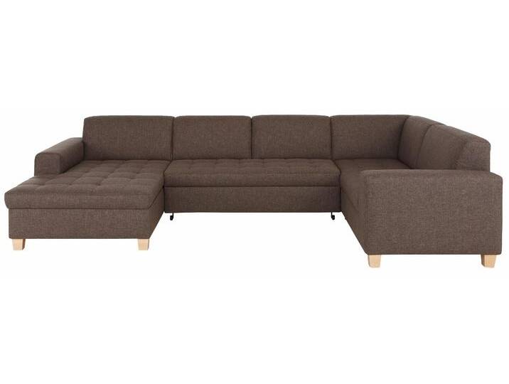 Wohnlandschaft HOME AFFAIRE Corby, viel Platz und Komfort, U-Form , braun (mittelbraun), B:333cm H:80cm T:199cm, Struktur fein (100% Polyester), Chenille (100% Polyester), NaturLEDER (echtes Rindsleder) auf Sitzfläche, Kunstleder im Korpus, Melrose (100% Polyester), Sofas, wahlweise mit Bettfunktion, Steppung auf Sitzfläche von Home-affaire