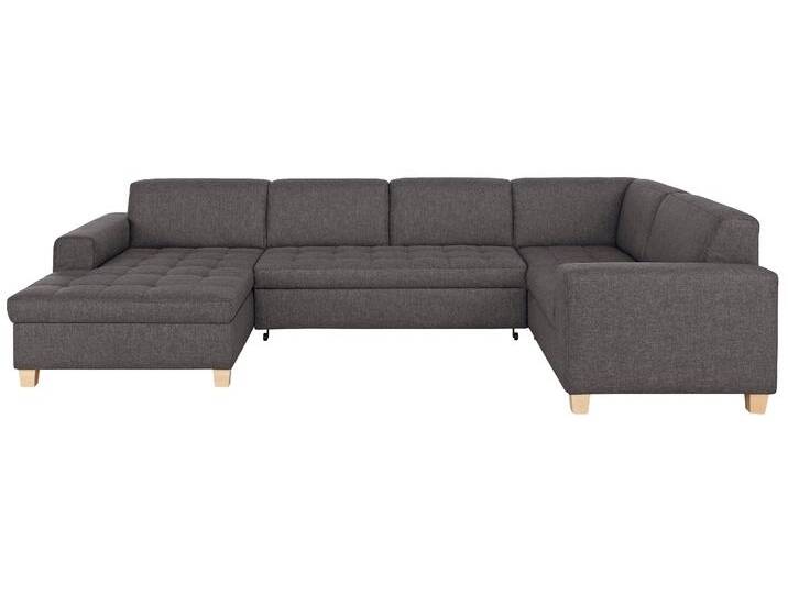 Wohnlandschaft HOME AFFAIRE Corby U-Form , grau (anthrazit), B:333cm H:80cm T:199cm, Struktur fein (100% Polyester), Chenille (100% Polyester), NaturLEDER (echtes Rindsleder) auf Sitzfläche, Kunstleder im Korpus, Melrose (100% Polyester), Sofas, wahlweise mit Bettfunktion, Steppung auf Sitzfläche von Home-affaire