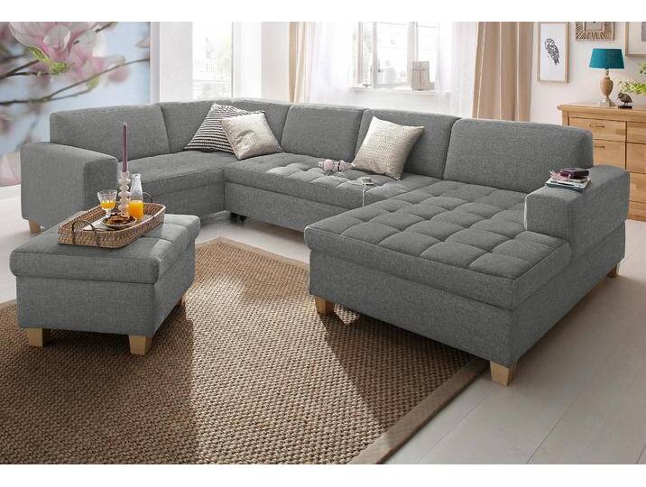 Wohnlandschaft HOME AFFAIRE Corby, viel Platz und Komfort, U-Form , grau (hellgrau), B:333cm H:80cm T:199cm, Struktur fein (100% Polyester), Chenille (100% Polyester), NaturLEDER (echtes Rindsleder) auf Sitzfläche, Kunstleder im Korpus, Melrose (100% Polyester), Sofas, wahlweise mit Bettfunktion, Steppung auf Sitzfläche von Home-affaire