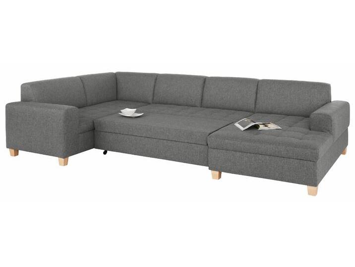 Wohnlandschaft HOME AFFAIRE Corby U-Form , grau (hellgrau), B:333cm H:80cm T:199cm, Struktur fein (100% Polyester), Chenille (100% Polyester), NaturLEDER (echtes Rindsleder) auf Sitzfläche, Kunstleder im Korpus, Melrose (100% Polyester), Sofas, wahlweise mit Bettfunktion, Steppung auf Sitzfläche von Home-affaire