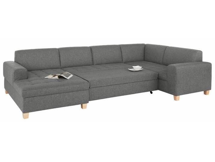 Wohnlandschaft HOME AFFAIRE Corby U-Form , grau (hellgrau), B:333cm H:80cm T:199cm, Struktur fein (100% Polyester), Chenille (100% Polyester), NaturLEDER (echtes Rindsleder) auf Sitzfläche, Kunstleder im Korpus, Melrose (100% Polyester), Sofas, wahlweise mit Bettfunktion, Steppung auf Sitzfläche von Home-affaire