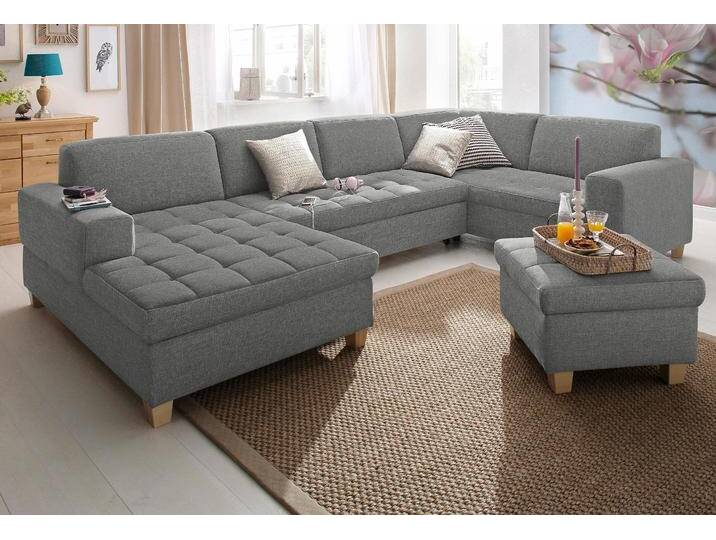 Wohnlandschaft HOME AFFAIRE Corby, viel Platz und Komfort, U-Form , grau (hellgrau), B:333cm H:80cm T:199cm, Struktur fein (100% Polyester), Chenille (100% Polyester), NaturLEDER (echtes Rindsleder) auf Sitzfläche, Kunstleder im Korpus, Melrose (100% Polyester), Sofas, wahlweise mit Bettfunktion, Steppung auf Sitzfläche von Home-affaire