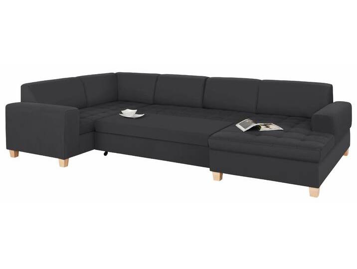Wohnlandschaft HOME AFFAIRE Corby U-Form , schwarz, B:333cm H:80cm T:199cm, Struktur fein (100% Polyester), Chenille (100% Polyester), NaturLEDER (echtes Rindsleder) auf Sitzfläche, Kunstleder im Korpus, Melrose (100% Polyester), Sofas, wahlweise mit Bettfunktion, Steppung auf Sitzfläche von Home-affaire