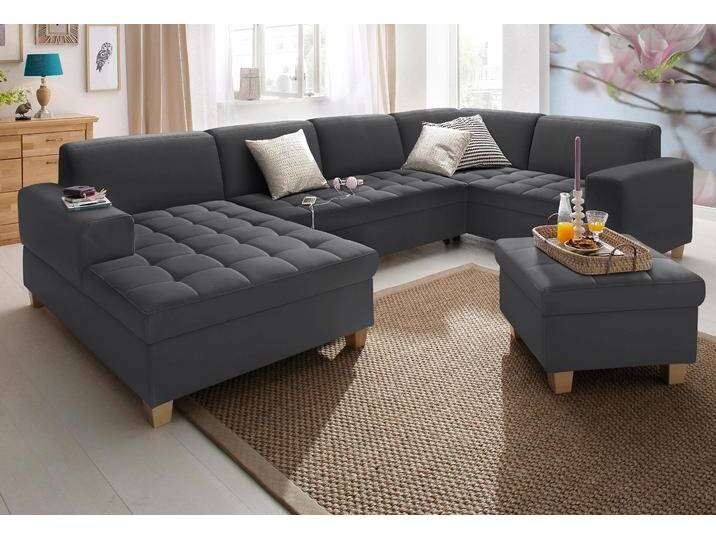 Wohnlandschaft HOME AFFAIRE Corby U-Form , schwarz, B:333cm H:80cm T:199cm, Struktur fein (100% Polyester), Chenille (100% Polyester), NaturLEDER (echtes Rindsleder) auf Sitzfläche, Kunstleder im Korpus, Melrose (100% Polyester), Sofas, wahlweise mit Bettfunktion, Steppung auf Sitzfläche von Home-affaire
