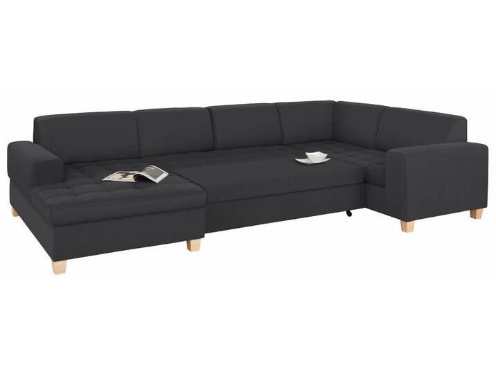 Wohnlandschaft HOME AFFAIRE Corby, viel Platz und Komfort, U-Form , schwarz, B:333cm H:80cm T:199cm, Struktur fein (100% Polyester), Chenille (100% Polyester), NaturLEDER (echtes Rindsleder) auf Sitzfläche, Kunstleder im Korpus, Melrose (100% Polyester), Sofas, wahlweise mit Bettfunktion, Steppung auf Sitzfläche von Home-affaire