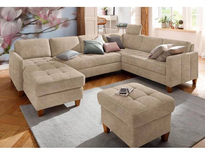 Wohnlandschaft HOME AFFAIRE Earl U-Form , beige, B:292cm H:80cm T:204cm, Struktur fein (100% Polyester), Luxus-Microfaser ALTARA NUBUCK (100% Polyester), Luxus-Microfaser in Lederoptik (100% Polyester), Sofas, wahlweise auch mit Bettfunktion oder Bettfunktion mit Bettkasten von Home-affaire