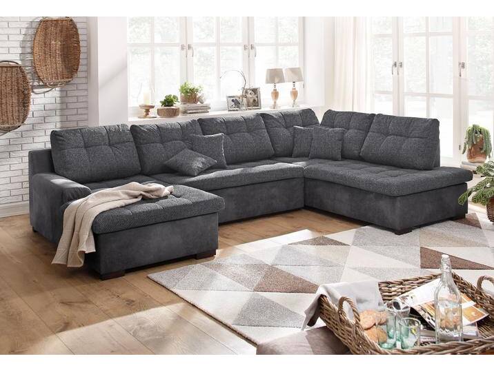 Wohnlandschaft HOME AFFAIRE Föhr U-Form , schwarz (schwarz, anthrazit), B:310cm H:75cm T:200cm, 100% Polyester PRIMABELLE/Webstoff;100% Polyester Melrose/Struktur grob;100% Polyester Luxus-Microfaser/Struktur, Sofas, wahlweise mit Bettfunktion von Home-affaire