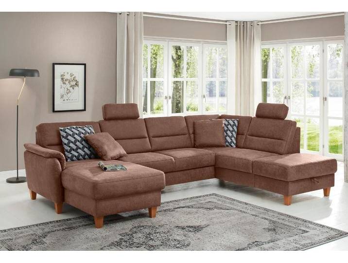 Wohnlandschaft HOME AFFAIRE Palmera U-Form, B: 308 cm , braun (haselnuss), B:308cm H:89cm T:212cm, 100% Polyester;Struktur (100% Polyester);Luxus-Microfaser in Lederoptik (100% Polyester), Sofas, optional Bettfunktion & Bettkasten, Federkern von Home-affaire