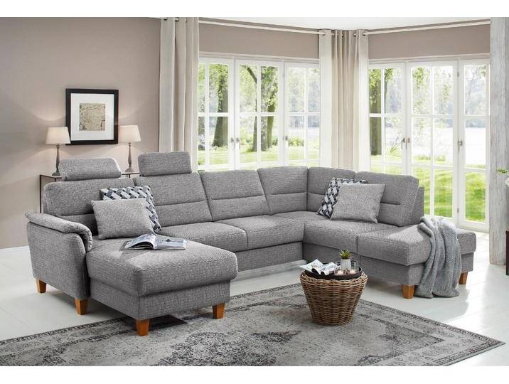 Wohnlandschaft HOME AFFAIRE Palmera U-Form, B: 308 cm , silber, B:308cm H:89cm T:212cm, 100% Polyester;Struktur (100% Polyester);Luxus-Microfaser in Lederoptik (100% Polyester), Sofas, optional Bettfunktion & Bettkasten, Federkern von Home-affaire