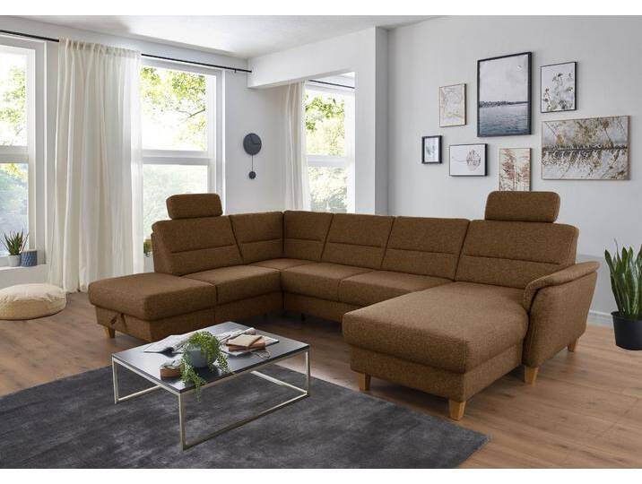 Wohnlandschaft HOME AFFAIRE Palmera U-Form , braun (messing), B:308cm H:89cm T:212cm, 100% Polyester, Struktur (100% Polyester), Luxus-Microfaser in Lederoptik (100% Polyester), Sofas, Federkern, wahlweise mit Bettfunktion und mit/ohne Stauraum von Home-affaire
