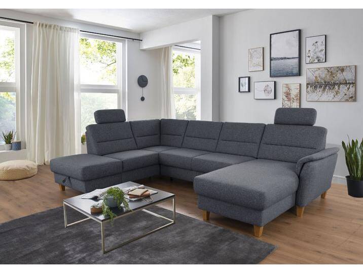 Wohnlandschaft HOME AFFAIRE Palmera U-Form , grau (anthrazit), B:308cm H:89cm T:212cm, 100% Polyester, Struktur (100% Polyester), Luxus-Microfaser in Lederoptik (100% Polyester), Sofas, Federkern, wahlweise mit Bettfunktion und mit/ohne Stauraum von Home-affaire