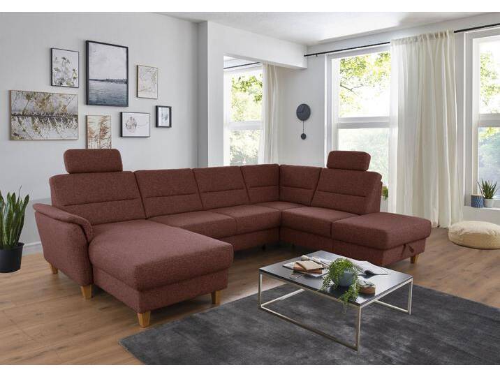 Wohnlandschaft HOME AFFAIRE Palmera U-Form , rosa (kupfer), B:308cm H:89cm T:212cm, 100% Polyester, Struktur (100% Polyester), Luxus-Microfaser in Lederoptik (100% Polyester), Sofas, Federkern, wahlweise mit Bettfunktion und mit/ohne Stauraum von Home-affaire