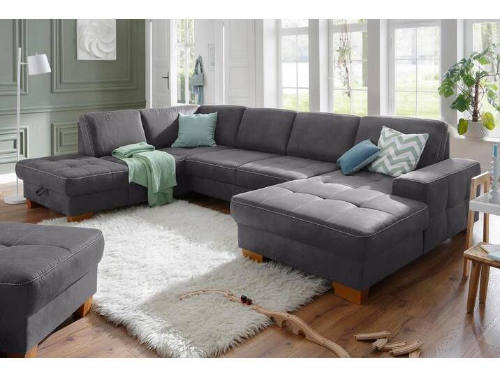 Wohnlandschaft HOME AFFAIRE Puccini U-Form , grau (anthrazit), B:340cm H:86cm T:224cm, Luxus-Microfaser (100% Polyester), Luxus-Microfaser ALTARA NUBUCK (100% Polyester), Luxus-Microfaser Lederoptik (100% Polyester), Sofas, mit Federkern, Sitztiefenverstellung, Kontrastnaht von Home-affaire