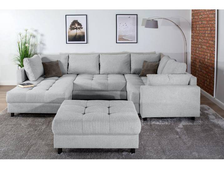 Wohnlandschaft HOME AFFAIRE Toni U-Form mit Armlehne , grau (silbergrau), B:298cm H:44cm T:203cm, 95%Polyester, 5%Nylon, Sofas, inkl. Hocker und Zierkissen in abgesetzter Farbe, mit Bonnelfederkern von Home-affaire
