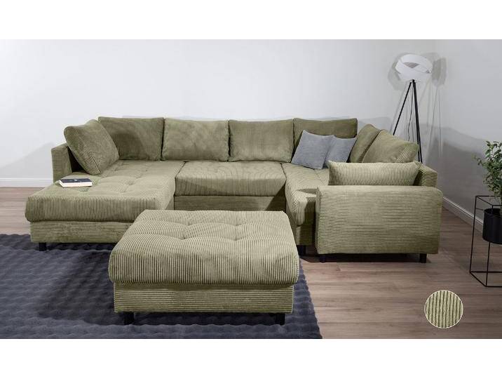 Wohnlandschaft HOME AFFAIRE Toni U-Form mit Armlehne , grün (olive), B:298cm H:44cm T:203cm, 100%Polyester, Sofas, inkl. Hocker und Zierkissen in abgesetzter Farbe, mit Bonnelfederkern von Home-affaire