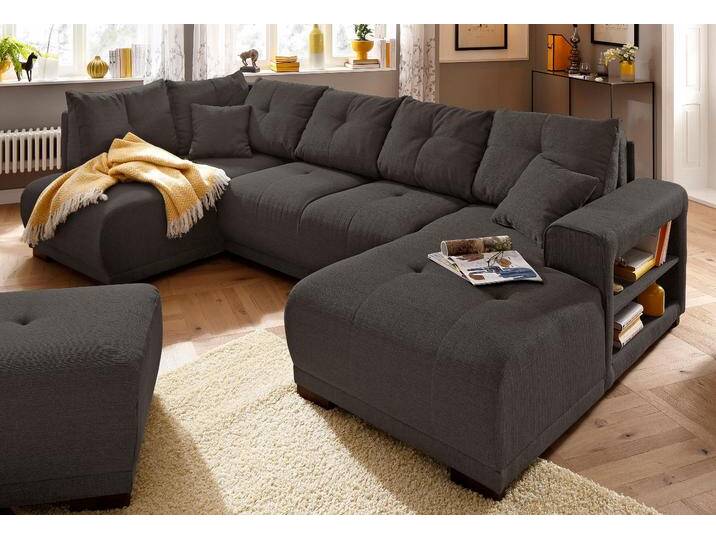 Wohnlandschaft HOME AFFAIRE Viborg U-Form , braun, B:300cm H:91cm T:162cm, Filzoptik (100% Polyester), Struktur (100% Polyester), Struktur fein ( 100% Polyester), Sofas, mit Regal in der Armlehne, wahlweise mit Bettfunktion von Home-affaire
