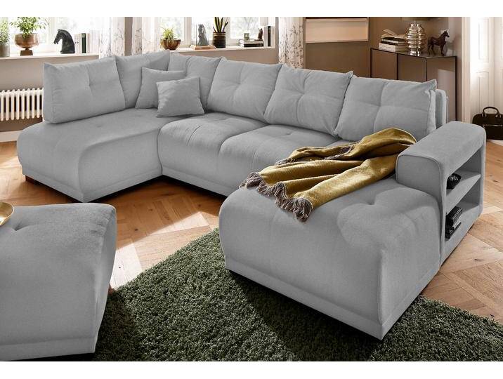 Wohnlandschaft HOME AFFAIRE Viborg U-Form , grau (hellgrau), B:300cm H:91cm T:162cm, Filzoptik (100% Polyester), Struktur (100% Polyester), Struktur fein ( 100% Polyester), Sofas, mit Regal in der Armlehne, wahlweise mit Bettfunktion von Home-affaire