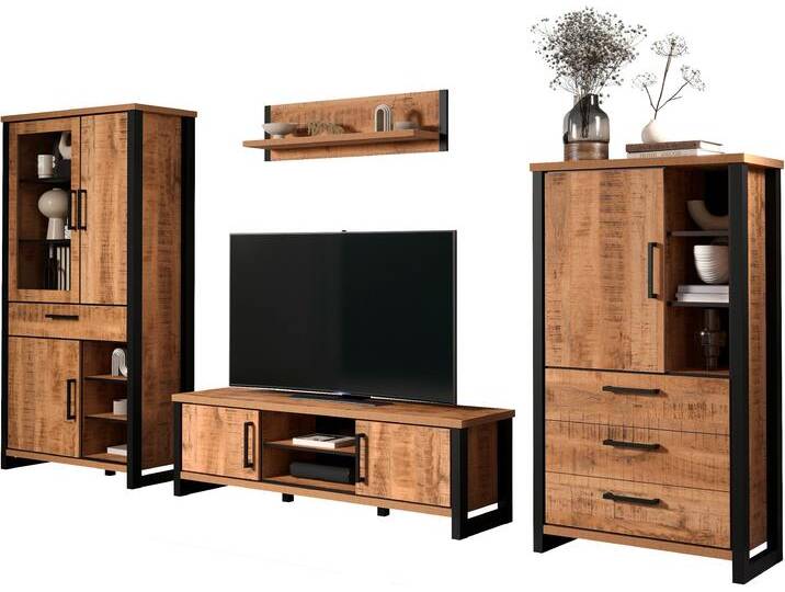 Wohnwand HOME AFFAIRE Elda , mango, schwarz, B:389cm H:195cm T:45cm, Holzwerkstoff, MDF, Metall, Kastenmöbel-Sets, Set bestehend aus: TV Lowboard, Vitrine, Wandboard,Highboard Wohnwand HOME AFFAIRE Elda , mango, schwarz, B:389cm H:195cm T:45cm, Holzwerkstoff, MDF, Metall, Kastenmöbel-Sets, Set bestehend aus: TV Lowboard, Vitrine, Wandboard,Highboard von Home-affaire