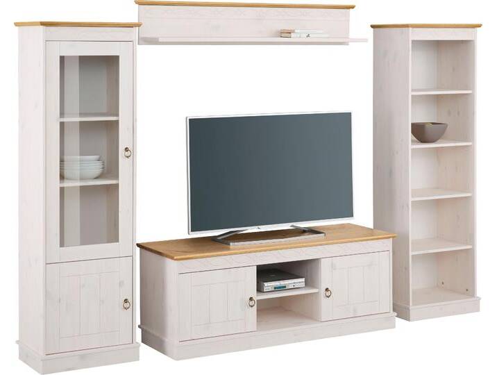 Wohnwand HOME AFFAIRE Indra , gelb (weiß, honig), B:212cm H:145cm T:32cm, Massivholz, Kastenmöbel-Sets, 4-teiliges Set: Vitrine, Lowboard, Wand- & Standregal, Kiefer massiv von Home-affaire