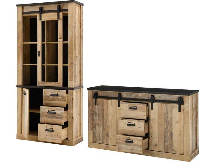 Wohnwand HOME AFFAIRE SHERWOOD , braun (old style hell dekor), B:275cm H:201cm T:43cm, Kastenmöbel-Sets, Scheunentorbeschlag und Apothekergriffe aus Metall, Höhe 201 cm von Home-affaire