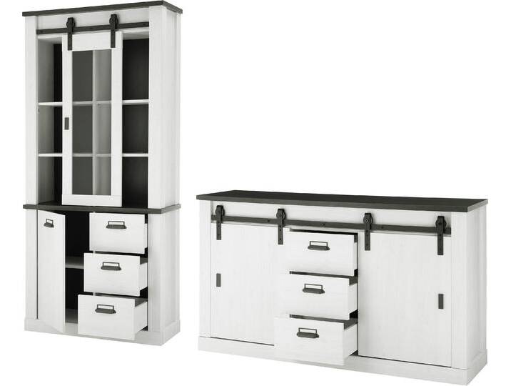 Wohnwand HOME AFFAIRE SHERWOOD , weiß (pinie weiß dekor), B:275cm H:201cm T:43cm, Kastenmöbel-Sets, Scheunentorbeschlag und Apothekergriffe aus Metall, Höhe 201 cm von Home-affaire