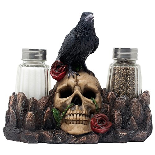 Bone Chilling Raven on Human Skull Salt and Pepper Shaker Set with Decorative Display Stand Figurine for Scary Halloween Decorations or Medieval & Gothic Kitchen Table Decor As Spooky Fantasy Gifts Bone Chilling Raven on Human Skull Salt and Pepper Shaker Set with Decorative Display Stand Figurine for Scary Halloween Decorations or Medieval & Gothic Kitchen Table Decor As Spooky Fantasy Gifts von Home-n-Gifts
