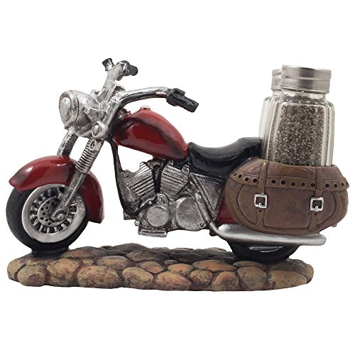 Deko Rot Motorrad mit Glas Salz- und Pfefferstreuer Set in Satteltaschen für klassische Fahrradmodelle & Vintage Chopper Figuren als Biker Bar oder Küche Tischdeko Geschenke für Harley Fahrer von Home-n-Gifts
