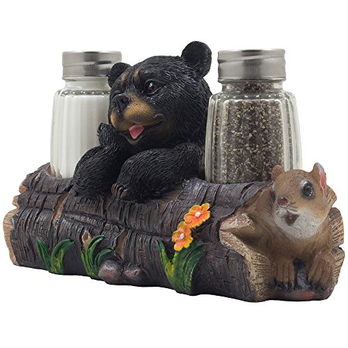 Dekorativer schwarzer Bär und Eichhörnchen Freund auf Holzscheit, Salz- und Pfefferstreuer, Set mit Figuren, Ständer in rustikaler Lodge, Küchendekoration, Skulpturen als Geschenk für Freunde von Home-n-Gifts
