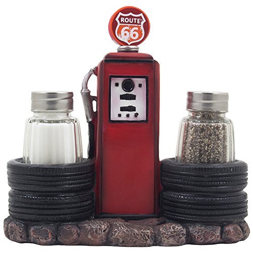 Vintage Tankstelle Füllpumpe Salz und Pfefferstreuer Set mit dekorativen Autoreifen & Route 66 Schild für Restaurant oder Retro Küche Dekor Gewürzregale als klassische Auto Stil Vatertag Geschenke von Home-n-Gifts