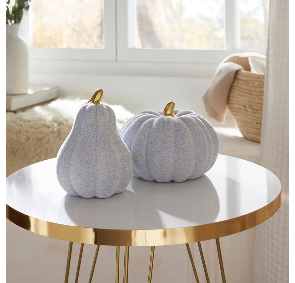 Home-trends24.de Dekofigur Dekofigur Kürbis 2er Set Grau Gold Figur Herbstdeko Deko Herbstfigur, Kürbis von Home-trends24.de