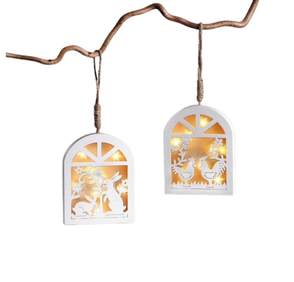 Home-trends24.de Dekohänger Hase Hahn LED Hänger Frühling Osterdeko Ostern Fenster Weiß Holz (2 St) von Home-trends24.de