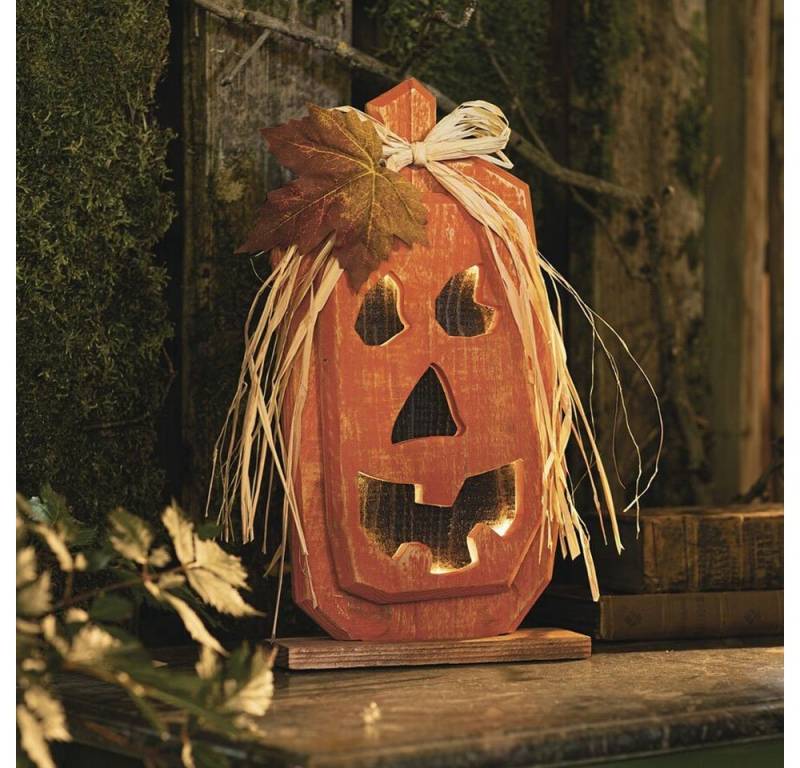 Home-trends24.de LED Dekofigur Kürbis LED-Deko Holz Halloween Pumkin Figur Orange 33 cm von Home-trends24.de