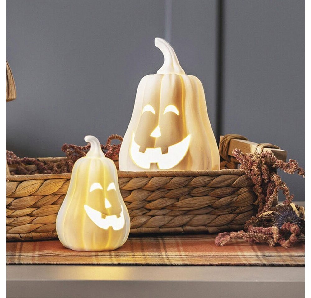 Home-trends24.de LED Dekofigur LED-Kürbis LED Dekofigur Pumpkin 2er Set Weiß Porzellan Halloween, LED fest integriert von Home-trends24.de