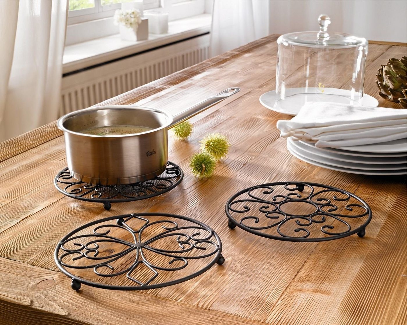 Home-trends24.de Pfannenuntersetzer Topf Untersetzer Metall Pfanne Deko Ranken 3er Set Dunkelbraun von Home-trends24.de