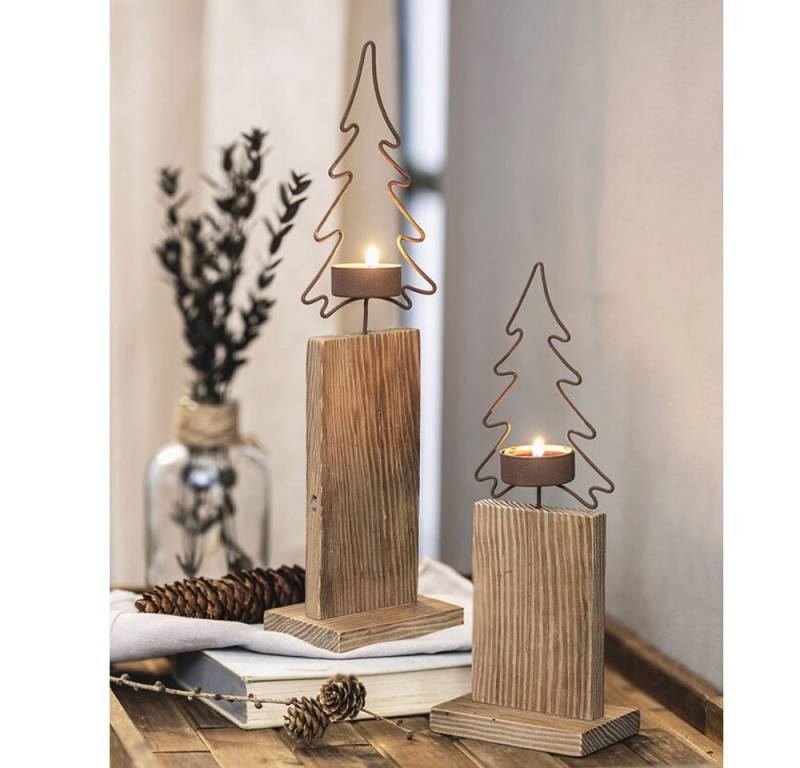 Home-trends24.de Teelichthalter Teelichthalter Teelichtsäule Tanne Weihnachtsdeko 2er Set von Home-trends24.de