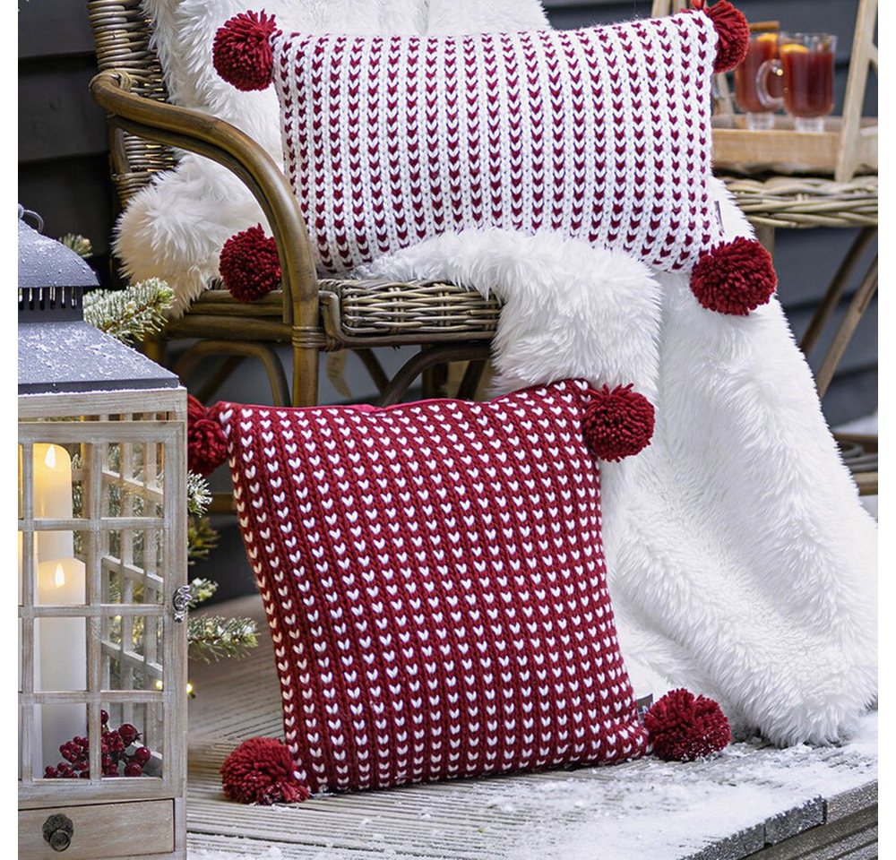 Kissenhüllen Kissenhülle Bommel 2er Set Rot Weiß Strickmuster Winter Weihnachten, Home-trends24.de (2 Stück) von Home-trends24.de