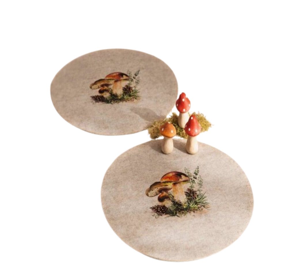 Home-trends24.de Platzset Platzmatte Pilz Tischset Platzdeckchen Herbst Filz Beige 2er Set, (2-St), Filz von Home-trends24.de