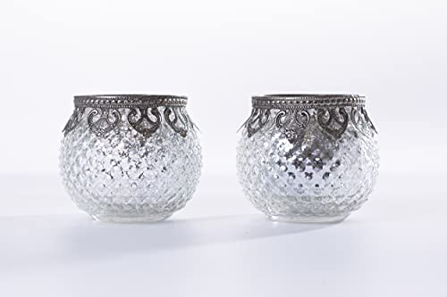 Jinfa 2er Set Teelichthalter aus Glas Windlichter Kerzengläser Teelichtgläser Geschenk | Kugelform | Elegantes Silber Ø 8cm x h 8.8cm von Jinfa