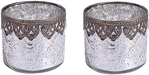 Jinfa 2er Set Teelichthalter aus Glas Windlichter Kerzengläser Teelichtgläser Geschenk | Zylindrische Form| Elegantes Silber Ø 10cm x h 9cm von Jinfa