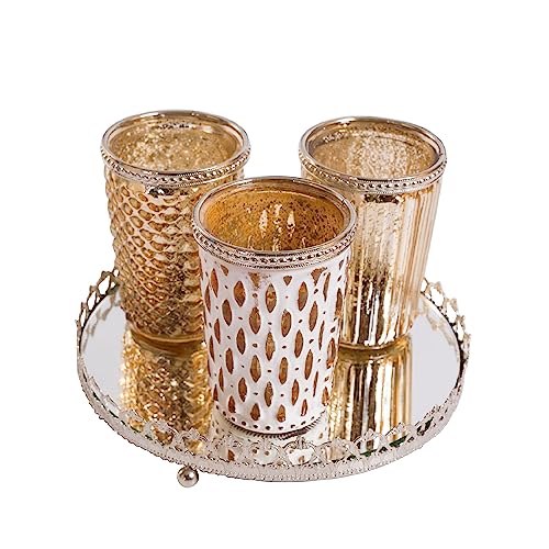 3er Windlichtset Teelichtglas mit Spiegelplatte Teelichthalter Kerzenglas Windlicht Glas Kerzentablett (Gold) Antik von Jinfa