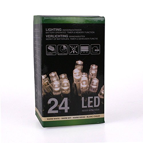 Home&Style Lichterkette 24 LED's, Länge 1,8 m, 50 cm Zuleitungskabel 3x AA Batterie für den Außenbereich mit Timer 6H/18H und 8-Funktionsregler mit Memory im Farbkarton, warmweiß 007415 von Self Import Agencies