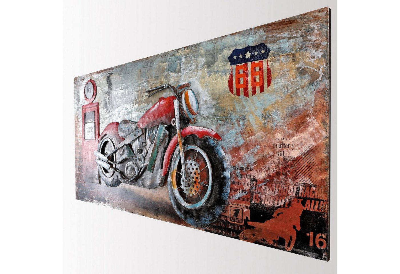 Home4Living Metallbild Wandbild 3D Relief Retro Bild Handarbeit Unikat, Motorcycle Gas Station, Handarbeit von Home4Living