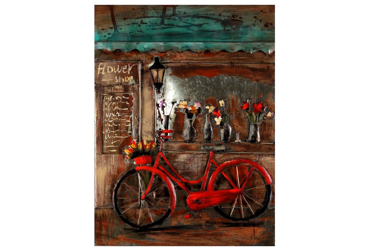 Home4Living Metallbild Wandbild Unikat Relief 3D 60x80cm handgefertigt, Flower Bike rot, 3D Effekt von Home4Living